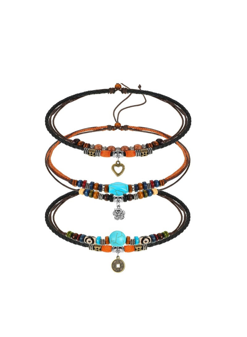 Excefore 3 Pcs Bohemian Wood Beaded Choker Necklace, Vintage Leather Style Necklace, Vintage Turquoise Necklace Bead Choker Boho Jewelry for Women - Image 1