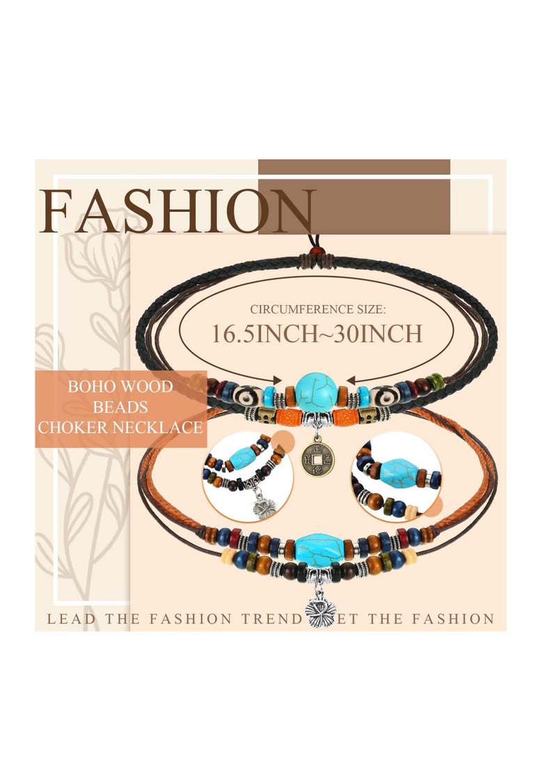 Excefore 3 Pcs Bohemian Wood Beaded Choker Necklace, Vintage Leather Style Necklace, Vintage Turquoise Necklace Bead Choker Boho Jewelry for Women - Image 3
