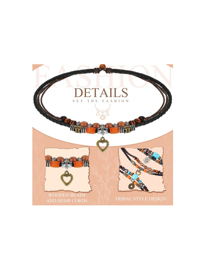Excefore 3 Pcs Bohemian Wood Beaded Choker Necklace, Vintage Leather Style Necklace, Vintage Turquoise Necklace Bead Choker Boho Jewelry for Women - Image 2