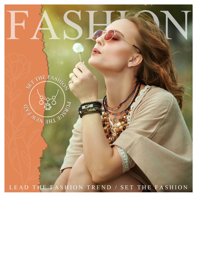 Excefore 3 Pcs Bohemian Wood Beaded Choker Necklace, Vintage Leather Style Necklace, Vintage Turquoise Necklace Bead Choker Boho Jewelry for Women - Image 4