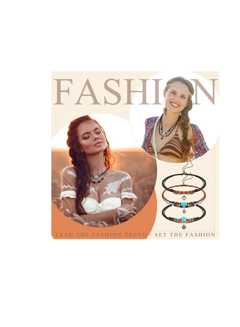 Excefore 3 Pcs Bohemian Wood Beaded Choker Necklace, Vintage Leather Style Necklace, Vintage Turquoise Necklace Bead Choker Boho Jewelry for Women - Image 5