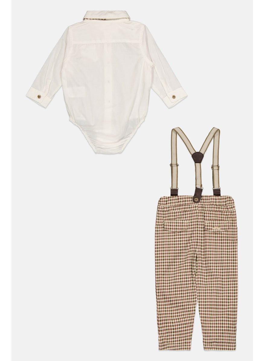 Little Gent Toddlers Boy 3 Pieces Plaid Top And Bottom With Bow Tie Set, Off White  - Image 2
