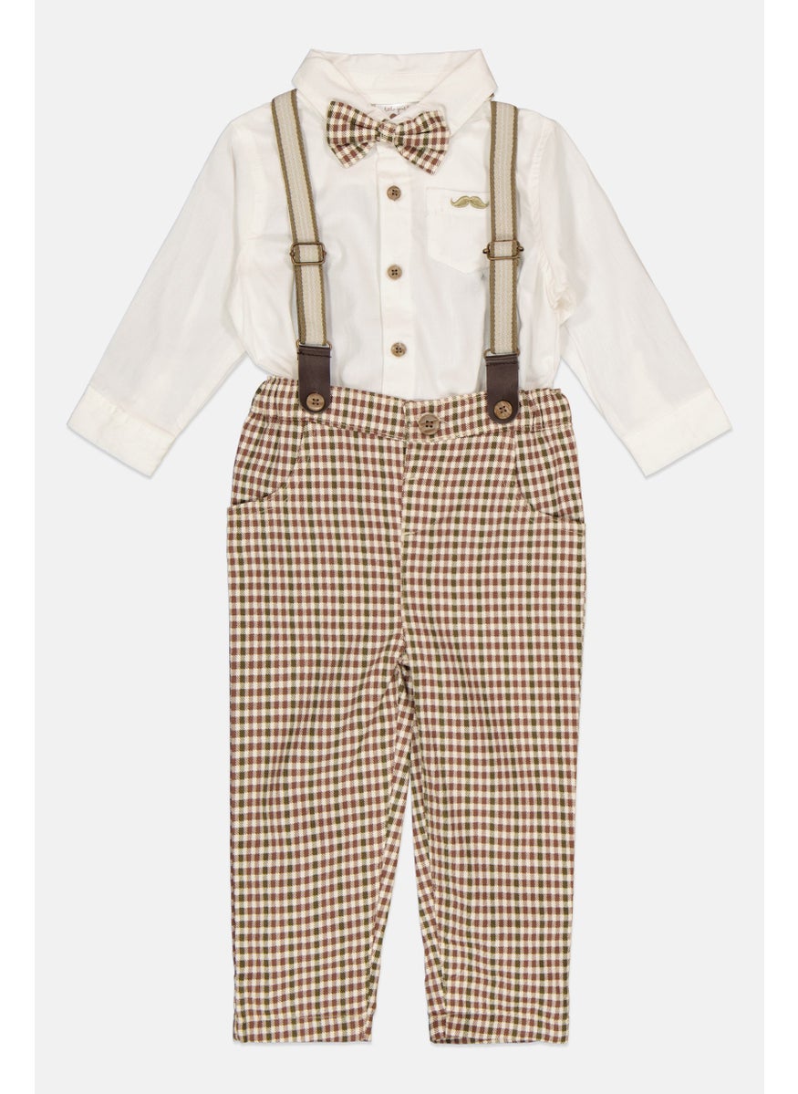 Little Gent Toddlers Boy 3 Pieces Plaid Top And Bottom With Bow Tie Set, Off White  - Image 3