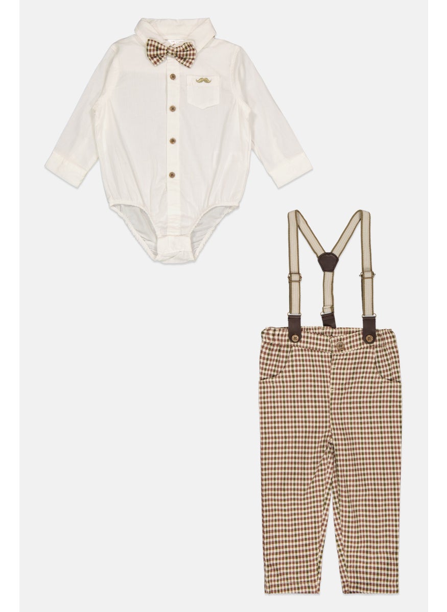 Little Gent Toddlers Boy 3 Pieces Plaid Top And Bottom With Bow Tie Set, Off White  - Image 1