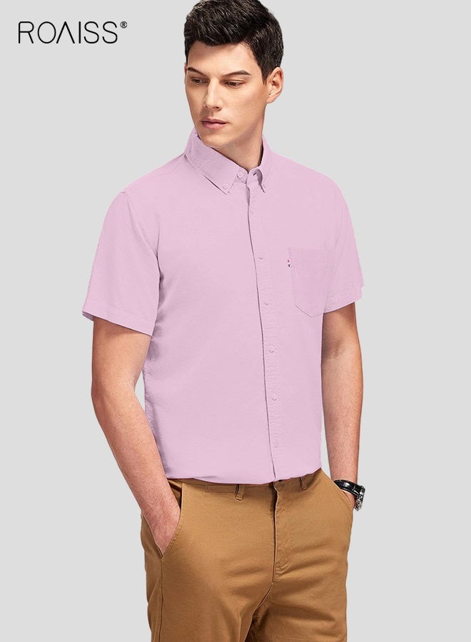 رويس قميص أكسفورد رجالي وردي اللون مصنوع من القطن بنسبة 100%، بأكمام قصيرة، مريح للغاية، مناسب للعمل، بتصميم مريح للغاية - Image 3