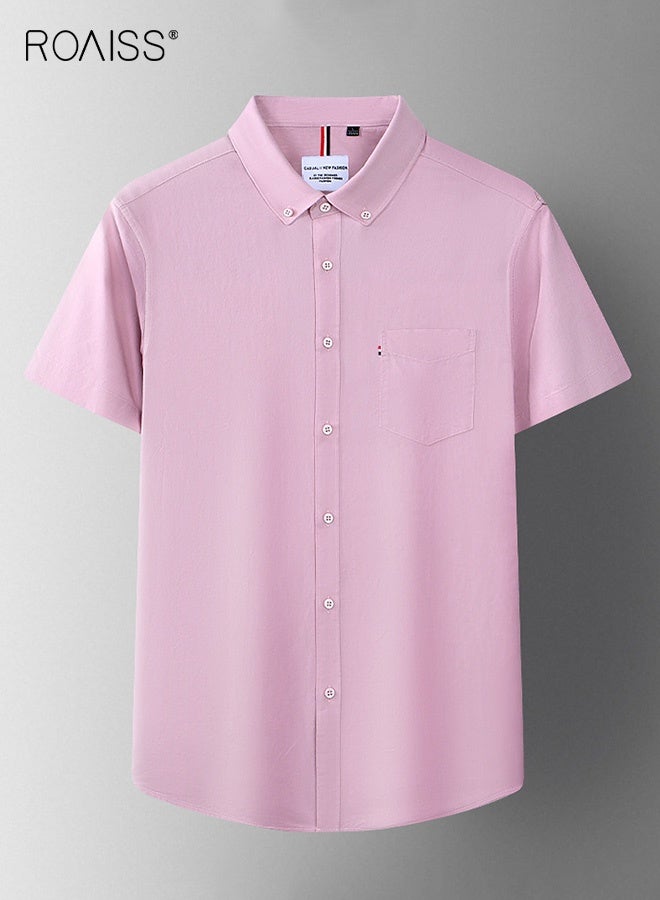 رويس قميص أكسفورد رجالي وردي اللون مصنوع من القطن بنسبة 100%، بأكمام قصيرة، مريح للغاية، مناسب للعمل، بتصميم مريح للغاية - Image 1