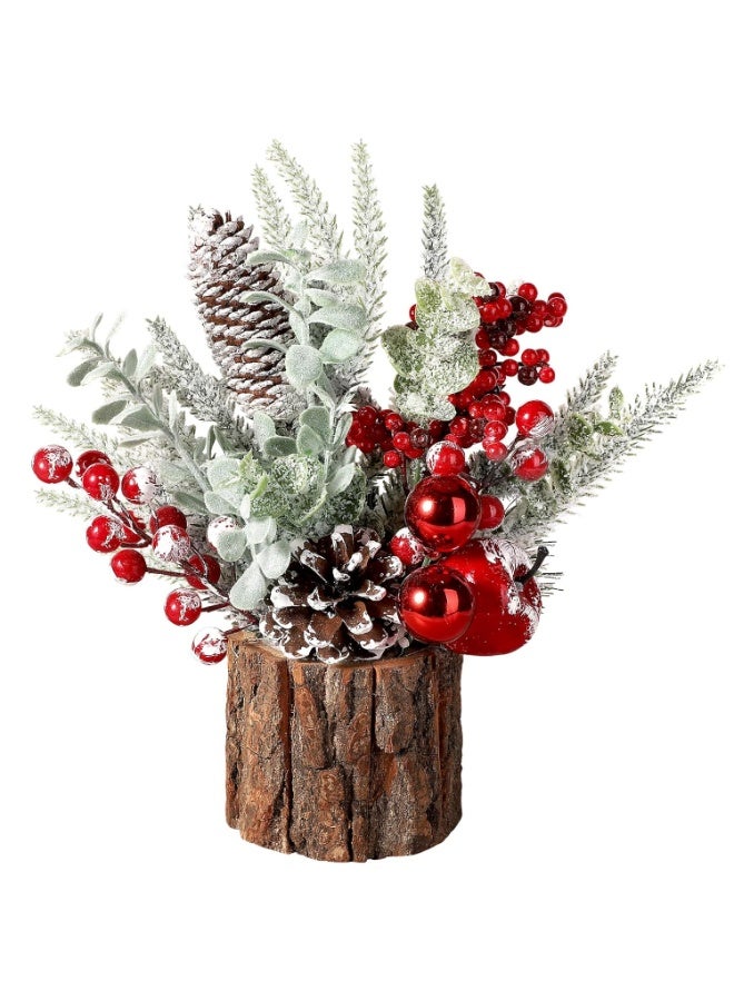 Home Care شجرة عيد الميلاد الصغيرة - شجرة صناعية للزينة مع زينة حمراء دائرية، مخاريط صنوبر وتوت - Image 1
