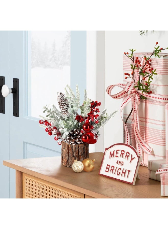 Home Care شجرة عيد الميلاد الصغيرة - شجرة صناعية للزينة مع زينة حمراء دائرية، مخاريط صنوبر وتوت - Image 4