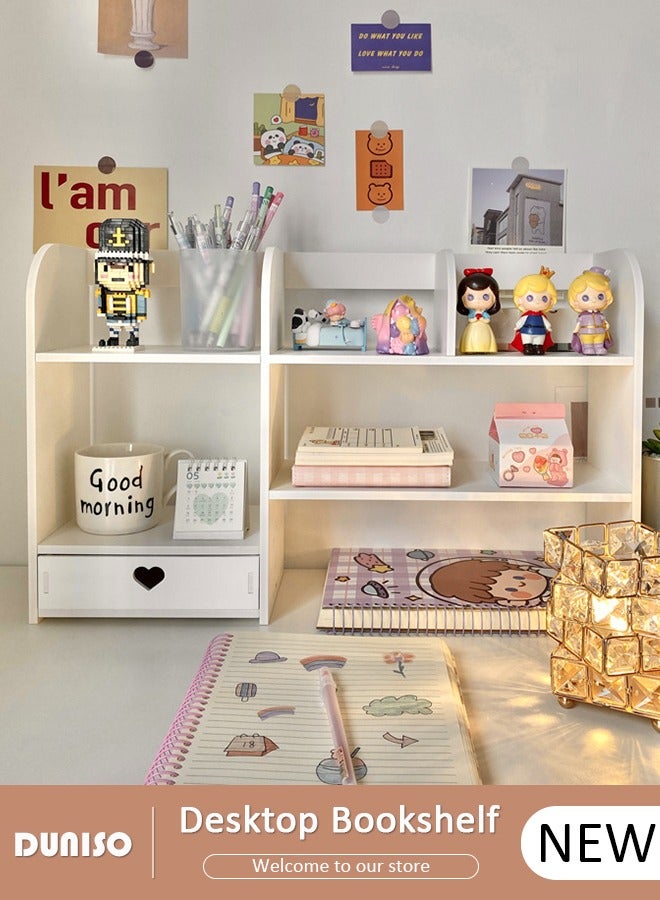 DUNISO Desktop Bookshelf, Multipurpose Display Shelf with Drawers, Office Storage Rack, Assembled Bookcase, Desktop Organizer for Office Supplies Makeup, Desktop Storage Rack for Studying,Office,Living Room - Image 1