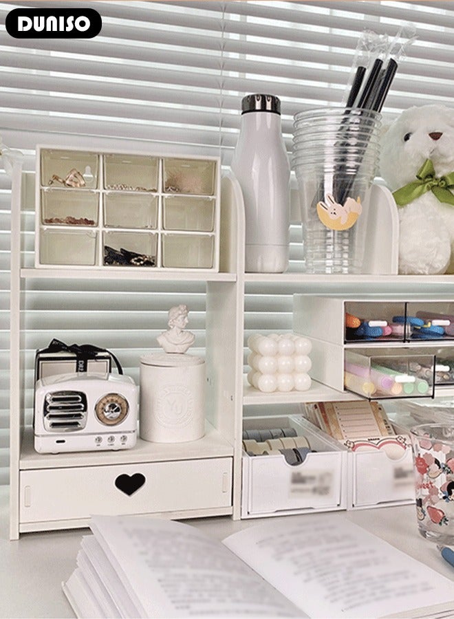 DUNISO Desktop Bookshelf, Multipurpose Display Shelf with Drawers, Office Storage Rack, Assembled Bookcase, Desktop Organizer for Office Supplies Makeup, Desktop Storage Rack for Studying,Office,Living Room - Image 5