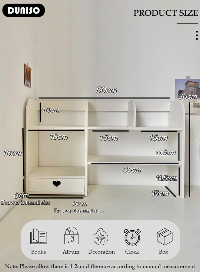 DUNISO Desktop Bookshelf, Multipurpose Display Shelf with Drawers, Office Storage Rack, Assembled Bookcase, Desktop Organizer for Office Supplies Makeup, Desktop Storage Rack for Studying,Office,Living Room - Image 4