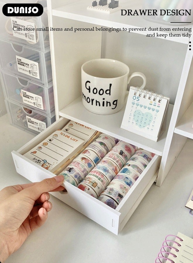 DUNISO Desktop Bookshelf, Multipurpose Display Shelf with Drawers, Office Storage Rack, Assembled Bookcase, Desktop Organizer for Office Supplies Makeup, Desktop Storage Rack for Studying,Office,Living Room - Image 2