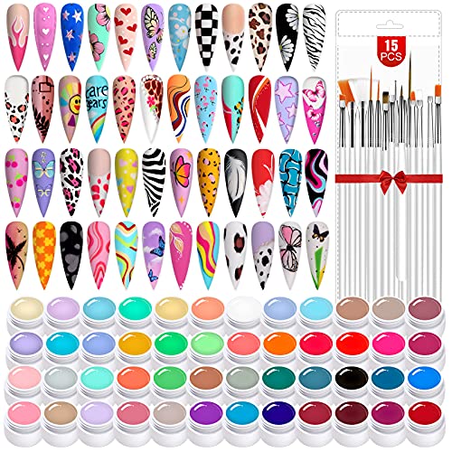 SAVILAND Gel Paint Kit 48 Colors Nail Art Painting Gel Nail Polish Set with 15pcs Nail Art Brushes for Drawing Painting Home  Salon Manicure DIY