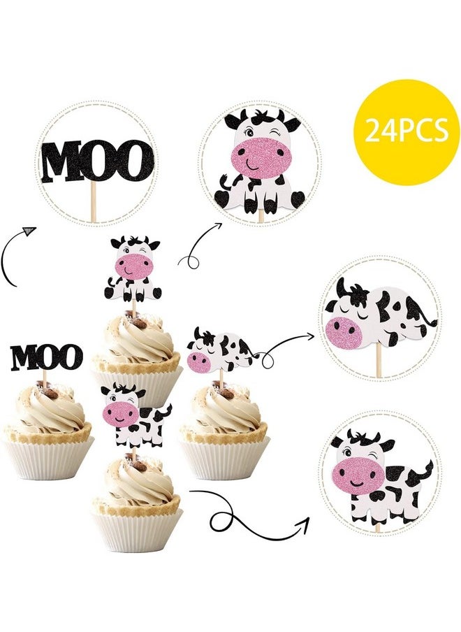 Confetti - Confetti Cow-Themed Cupcake Toppers - Pack of 24 in 4 Unique Designs - Premium Glitter Card Sheet - Handcrafted Farm Animal Motifs - Perfect for Baby Showers, Kids' Birthdays, and More - Image 1