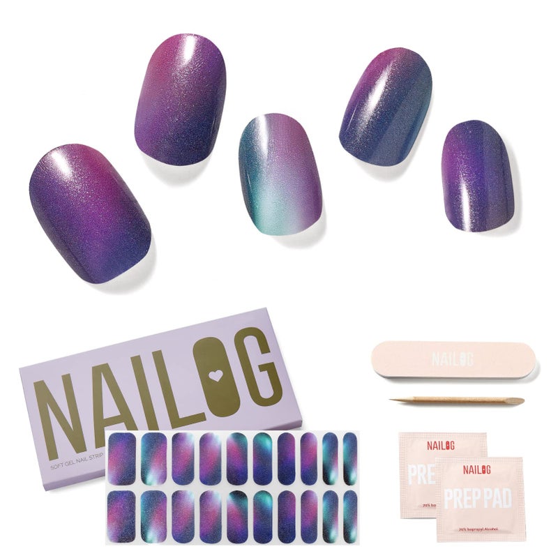 Semi Cured Gel Nail Strips NAILOG 20pcs Long Lasting Nail Stickers Work with Any UV Light Wraps with Glossy Gel Finishing for Women Girls Kids DIY GiftAurora