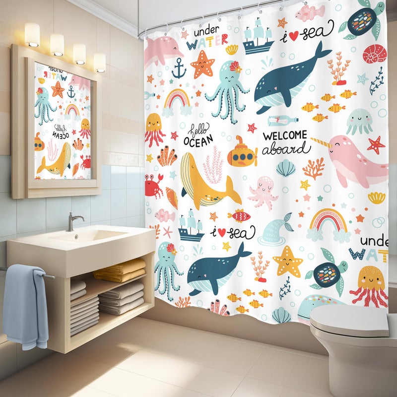 LGhtyro Kids Whale Ocean Shower Curtain Bathroom Set 60Wx71H Inches Cartoon Underwater Sea Animals Cute Fish Funny Sealife Colorful Bath Accessories for Boys Girls Art Home Decor Fabric 12 Pack Hooks - Image 4