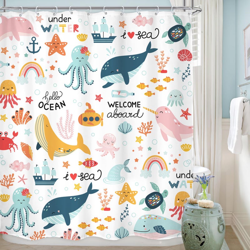 LGhtyro Kids Whale Ocean Shower Curtain Bathroom Set 60Wx71H Inches Cartoon Underwater Sea Animals Cute Fish Funny Sealife Colorful Bath Accessories for Boys Girls Art Home Decor Fabric 12 Pack Hooks - Image 1