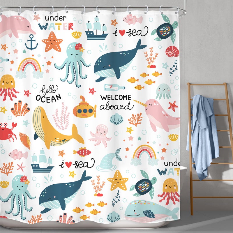LGhtyro Kids Whale Ocean Shower Curtain Bathroom Set 60Wx71H Inches Cartoon Underwater Sea Animals Cute Fish Funny Sealife Colorful Bath Accessories for Boys Girls Art Home Decor Fabric 12 Pack Hooks - Image 2