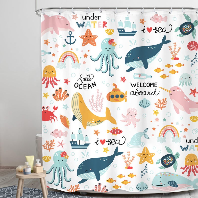 LGhtyro Kids Whale Ocean Shower Curtain Bathroom Set 60Wx71H Inches Cartoon Underwater Sea Animals Cute Fish Funny Sealife Colorful Bath Accessories for Boys Girls Art Home Decor Fabric 12 Pack Hooks - Image 3