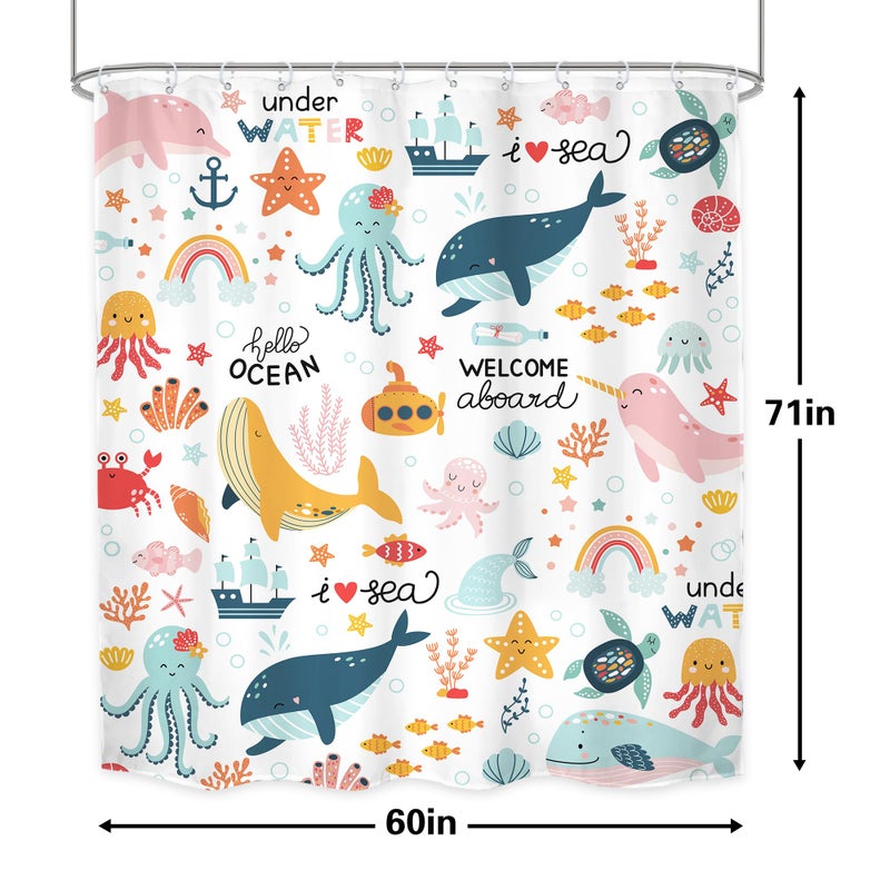 LGhtyro Kids Whale Ocean Shower Curtain Bathroom Set 60Wx71H Inches Cartoon Underwater Sea Animals Cute Fish Funny Sealife Colorful Bath Accessories for Boys Girls Art Home Decor Fabric 12 Pack Hooks - Image 5