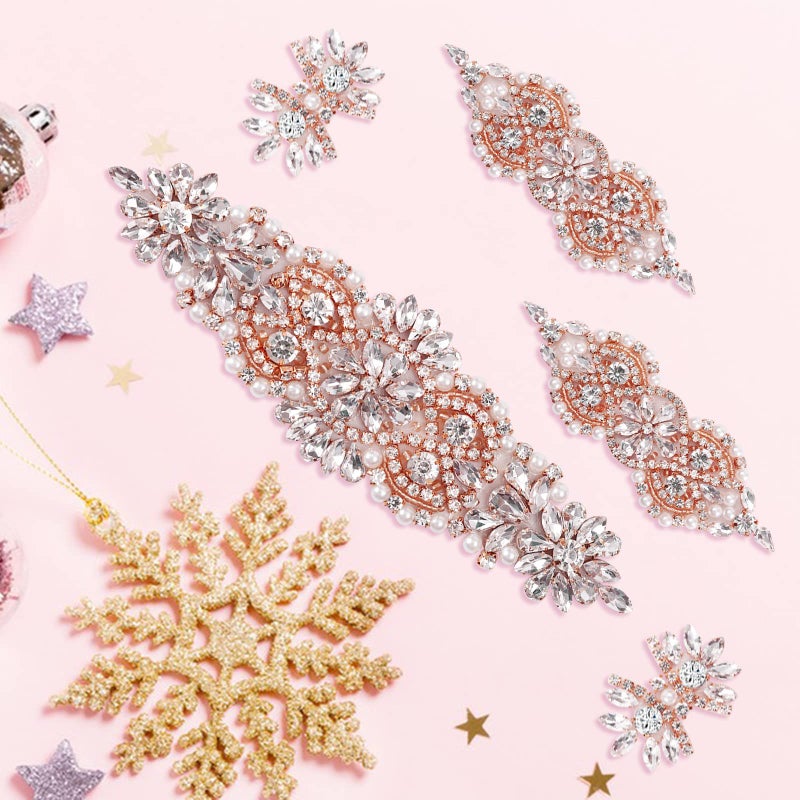 BINBE 9 Pack Rhinestone Applique Crystal Wedding Applique Iron on Patch Applique DIY Sewing Appliques for Bridal Wedding Dress Clothes Shoes Decoration Handmade Wedding Accessories(Rose Gold) - Image 4