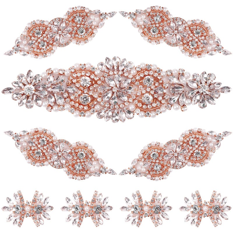 BINBE 9 Pack Rhinestone Applique Crystal Wedding Applique Iron on Patch Applique DIY Sewing Appliques for Bridal Wedding Dress Clothes Shoes Decoration Handmade Wedding Accessories(Rose Gold) - Image 1