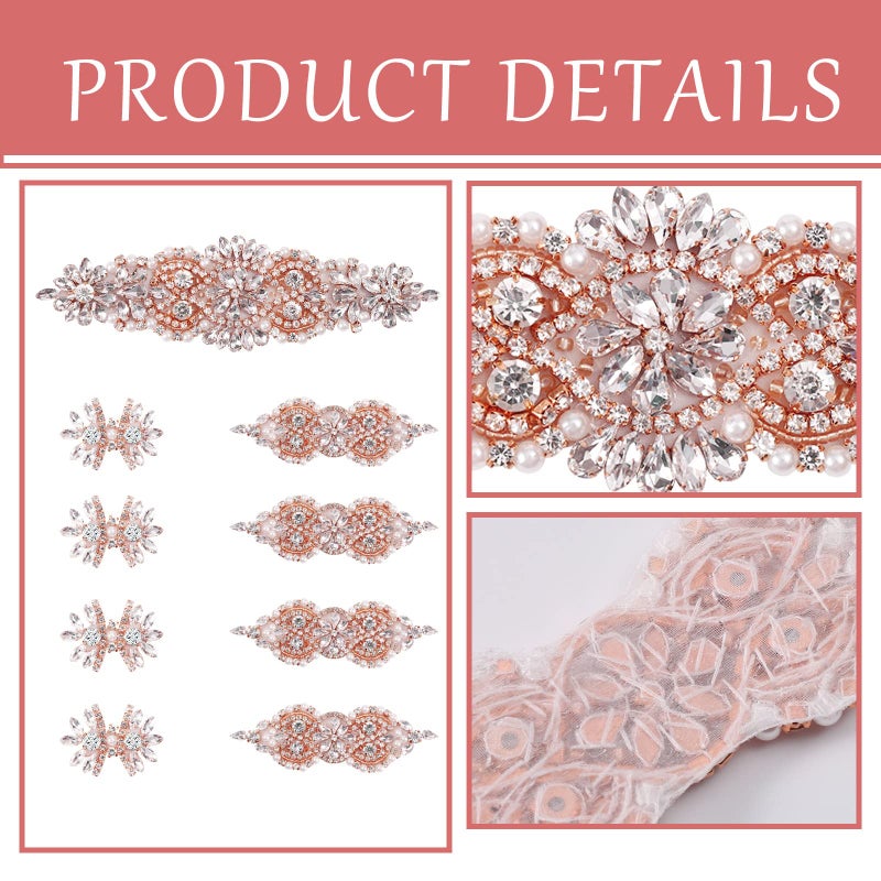 BINBE 9 Pack Rhinestone Applique Crystal Wedding Applique Iron on Patch Applique DIY Sewing Appliques for Bridal Wedding Dress Clothes Shoes Decoration Handmade Wedding Accessories(Rose Gold) - Image 3