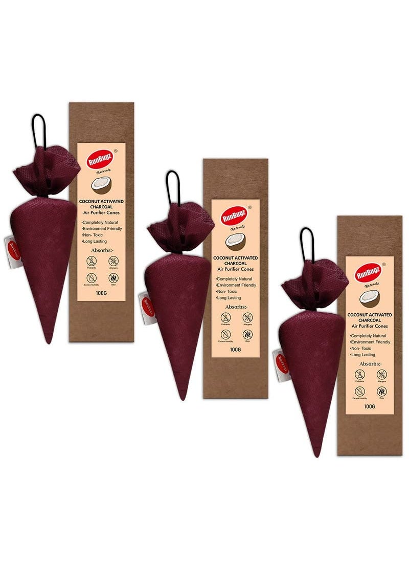 RUNBUGZ RunBugz Activated Carbon Air Purifier Cone to remove Odor and Moisture from Car Bathroom and Kitchen 100 Grams Coconut Activated Charcoal Classic Maroon Pack of 3  - Image 1