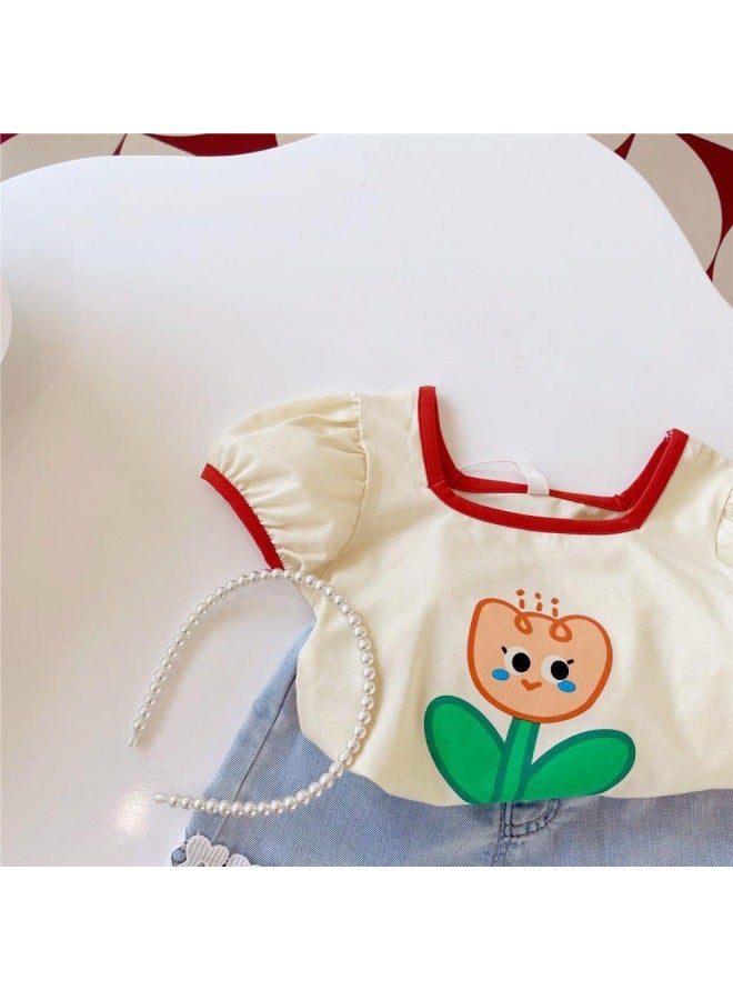 Summer Children's New Korean Style Baby Girl's Cute Flower Printed Short Sleeve T-shirt Top For Outer Wear