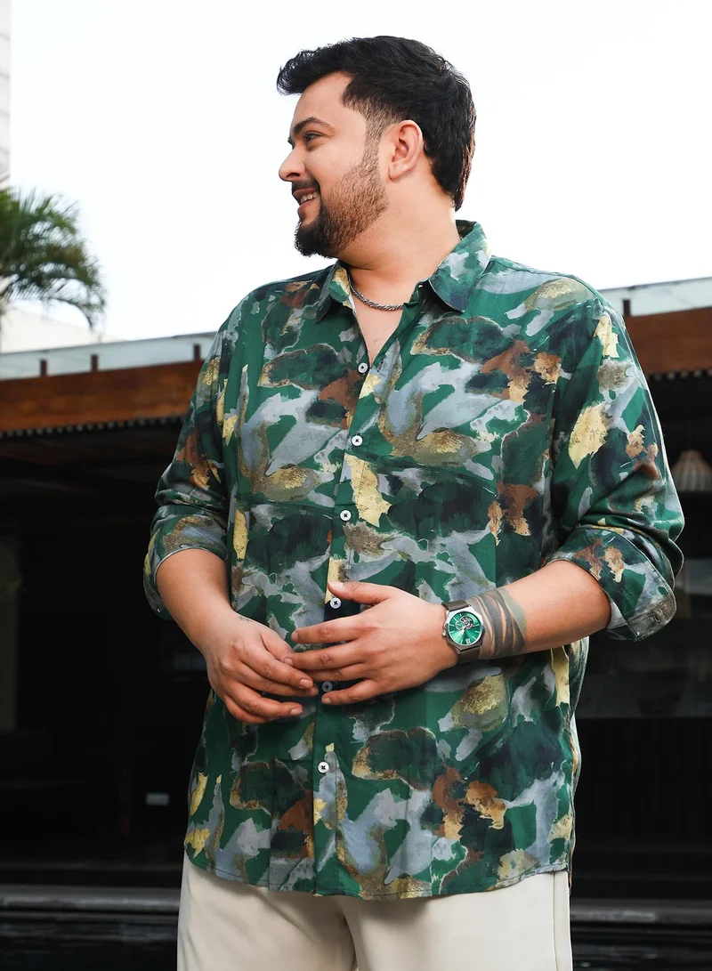 انستافاب بلس Instafab Plus Men's Green & Blue Botanical-Impression Shirt For Casual Wear | Spread Collar | Long Cuffed Sleeves | Button Closure | Plus Size Shirt Crafted With Comfort Fit For Everyday Wear