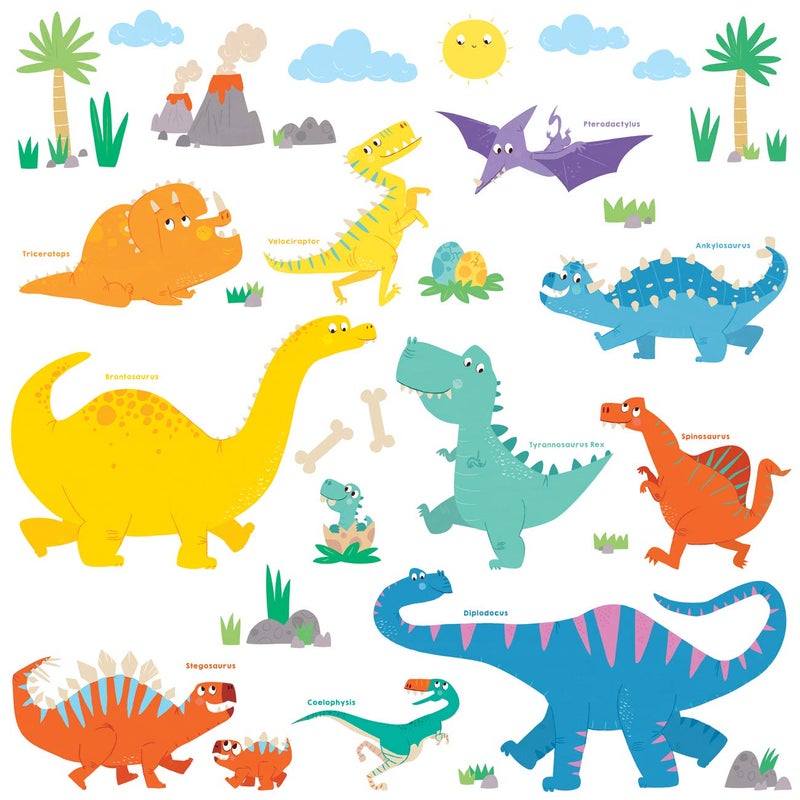 DECOWALL DW1703 Colourful Dinosaur Kids Wall Stickers Wall Decals Peel and Stick Removable Wall Stickers for Kids Nursery Bedroom Living Room dcor Dino Boys Art Baby playroom Vinyl Decorations