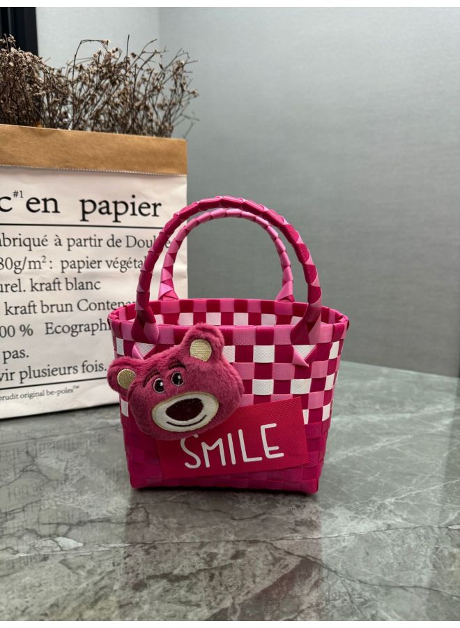 Bag Woven Bag Handbag Hand Collar Bag Beach Bag Vegetable Basket Woven Bag Women's Tote Bag Hand Gift Basket-Color:Strawberry Bear Accessories-Dimensions:20*9.5*15 - Image 1