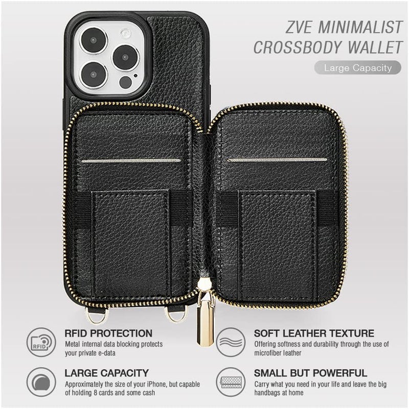 ZVE for iPhone 13 Pro Wallet Case, Zipper Crossbody Phone Case with RFID Blocking Card Holder Wrist Strap Purse Cover for Women Compatible with iPhone 13 Pro (6.1 inch, 2021)- Black - Image 3