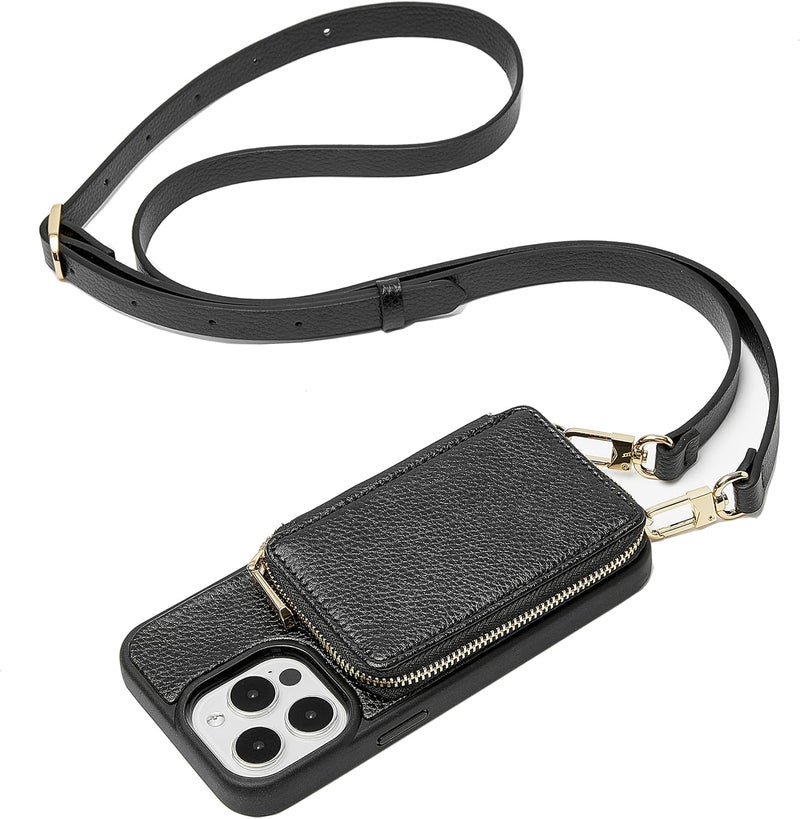 ZVE for iPhone 13 Pro Wallet Case, Zipper Crossbody Phone Case with RFID Blocking Card Holder Wrist Strap Purse Cover for Women Compatible with iPhone 13 Pro (6.1 inch, 2021)- Black - Image 1