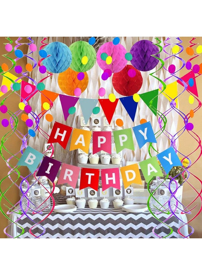 Fecedy Happy Birthday Banner with Colorful Paper Flag Bunting Paper Circle Confetti Garland Swirl Streamers Honeycomb Ball for Birthday Party - Image 3