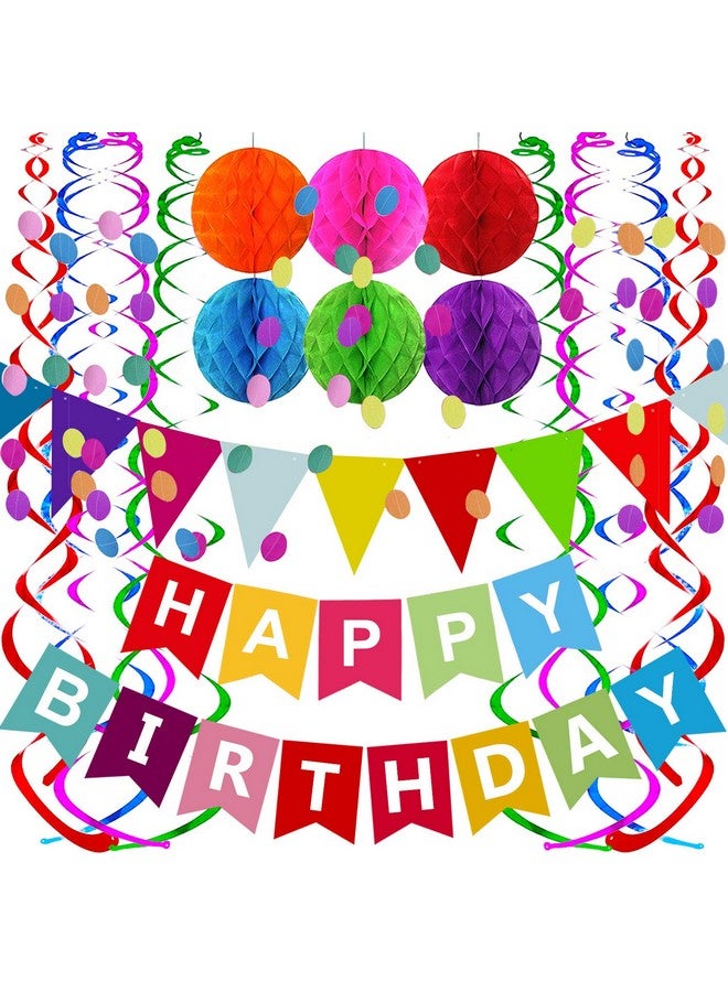 Fecedy Happy Birthday Banner with Colorful Paper Flag Bunting Paper Circle Confetti Garland Swirl Streamers Honeycomb Ball for Birthday Party - Image 1