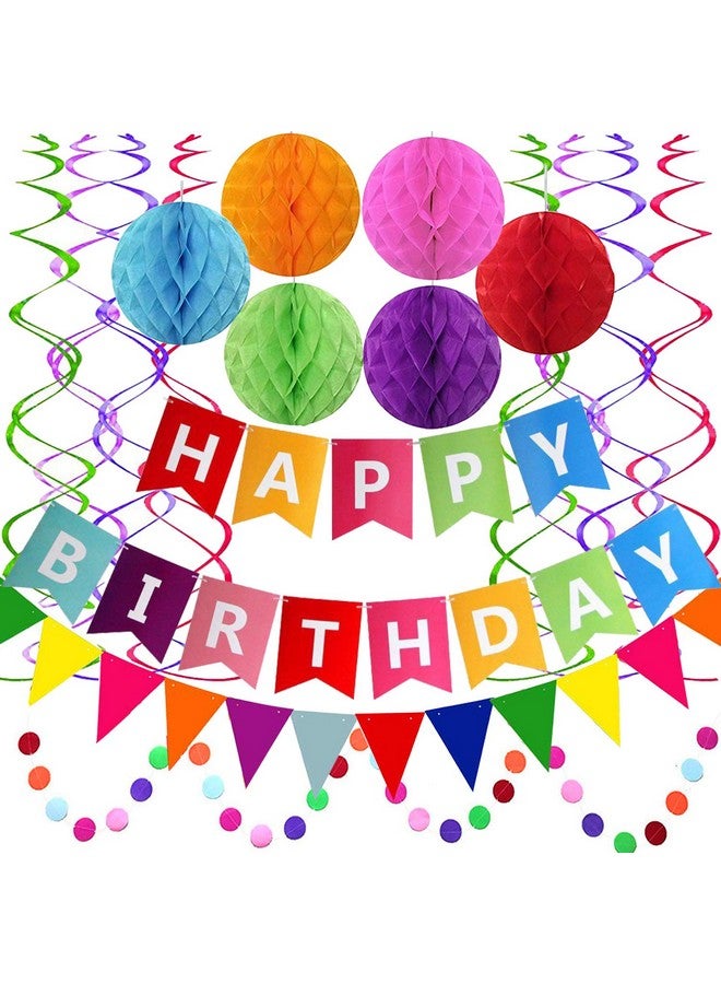 Fecedy Happy Birthday Banner with Colorful Paper Flag Bunting Paper Circle Confetti Garland Swirl Streamers Honeycomb Ball for Birthday Party - Image 2