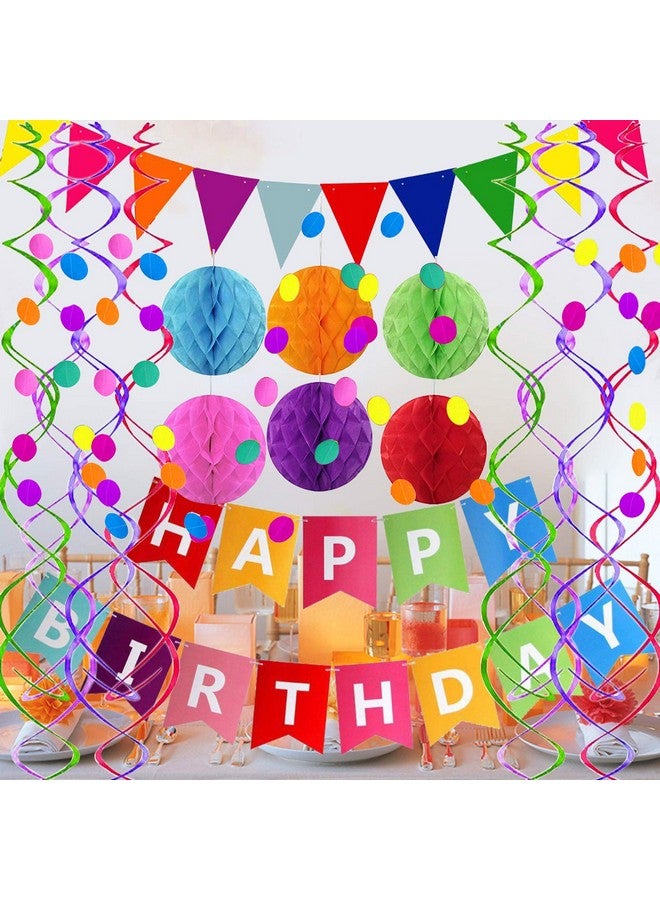 Fecedy Happy Birthday Banner with Colorful Paper Flag Bunting Paper Circle Confetti Garland Swirl Streamers Honeycomb Ball for Birthday Party - Image 4