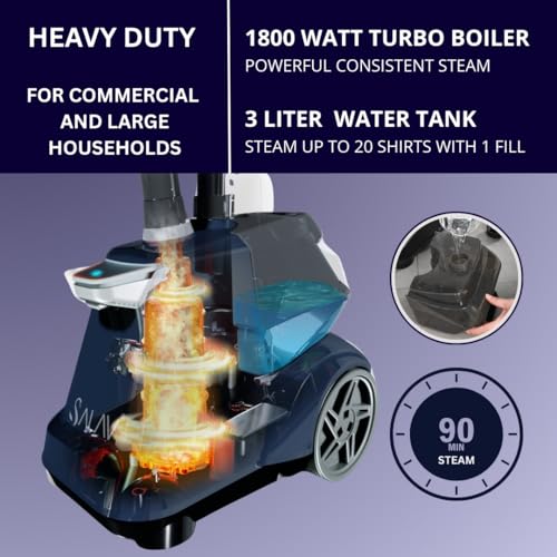 SALAV Commercial-Grade Standing Garment Steamer for Clothes with Auto-Off Safety 1800W Powerful Steam X-Large 3L Water Tank, 90-Min Continuous Use, Pedal-Control System, Beeps when Out of Water, Navy - Image 4