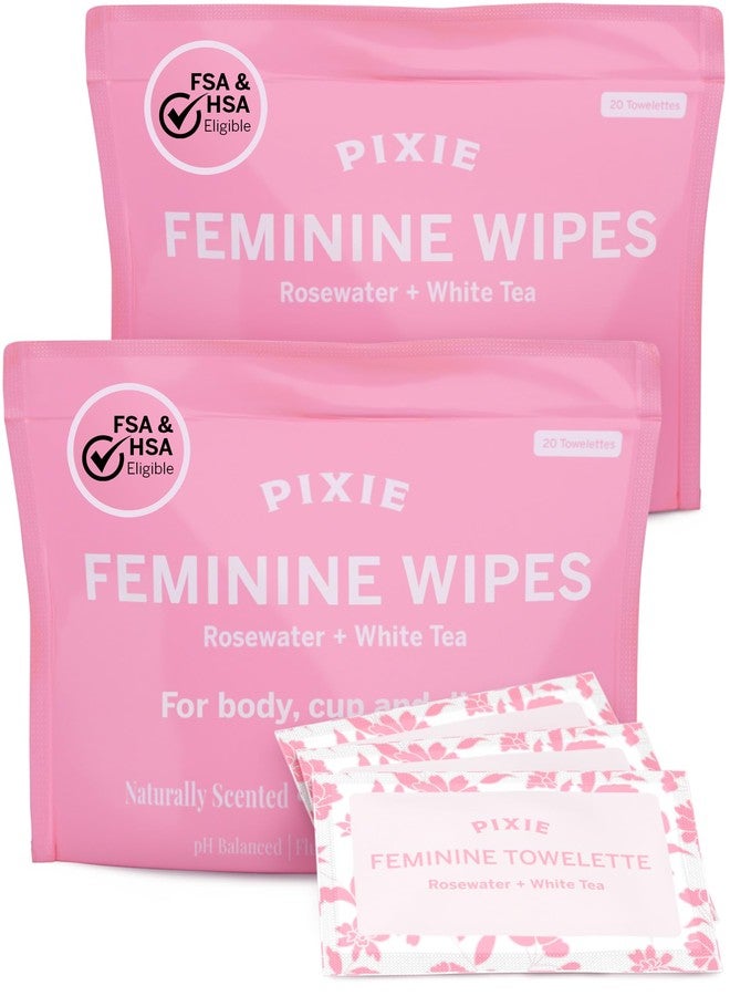 Pixie Cup Pixie Feminine Wipes - Naturally Scented Rosewater + White Tea - Flushable, Biodegradable & pH Balanced - Individually Wrapped Wipes for On-The-Go - Cleaner for Menstrual Cups & Discs (2 Packs of 20) - Image 1