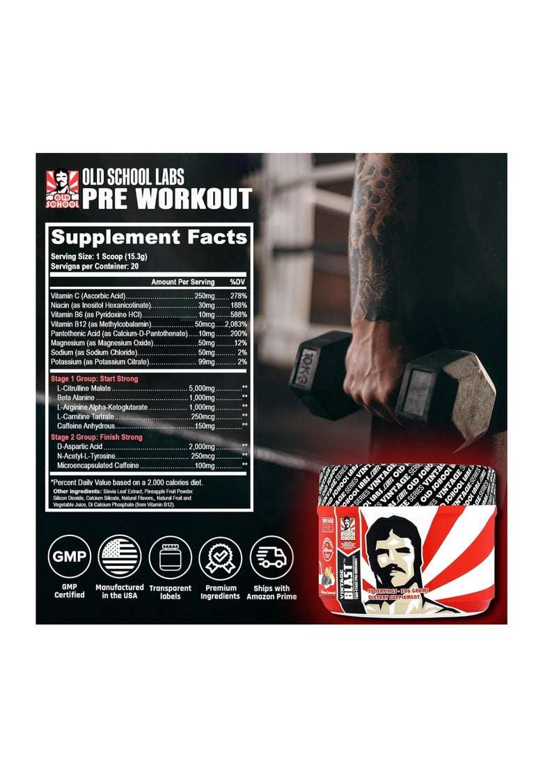 Old School Labs Vintage Blast First 2 Stage Pre Workout Supplement Blueberry Lemonade Powder 306 Grams  - Image 2