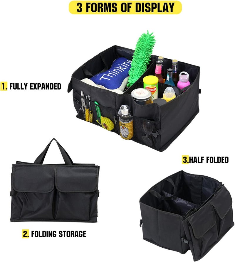 POSICHE Car Cargo Trunk Storage Organizer with 3 Compartment, Collapsible Cargo Storage Container with Handle, Multi Compartments with Foldable for SUV Auto Truck Van with Adjustable Straps, Black - Image 2
