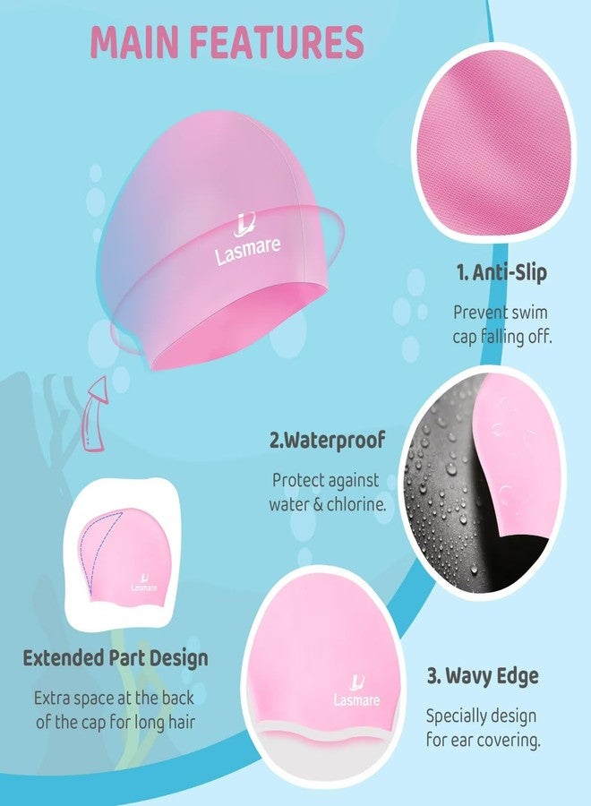 Lasmare Kids Long Hair Swim Cap for Girls Boys, 2 Size Silicone Swimming Cap for Age 3-15 Toddler Children Teens, Waterproof Swim Hats Bathing Caps with Ear Plugs & Nose Clip to Keep Hair Dry(Age 3-8/Pink) - Image 2