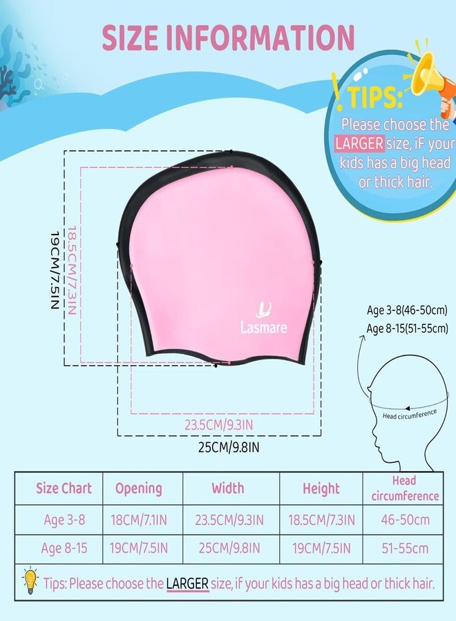 Lasmare Kids Long Hair Swim Cap for Girls Boys, 2 Size Silicone Swimming Cap for Age 3-15 Toddler Children Teens, Waterproof Swim Hats Bathing Caps with Ear Plugs & Nose Clip to Keep Hair Dry(Age 3-8/Pink) - Image 3