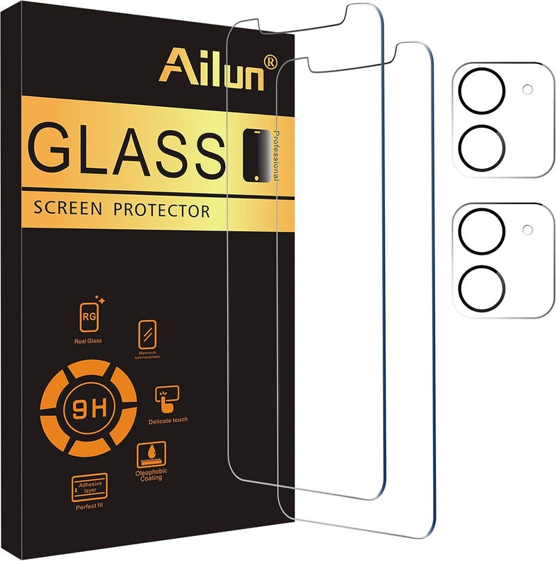Ailun 2 Pack Screen Protector for iPhone 12 Mini [5.4 inch] with 2 Pack Camera Lens Protector,Tempered Glass Film,[9H Hardness]-HD - Image 1