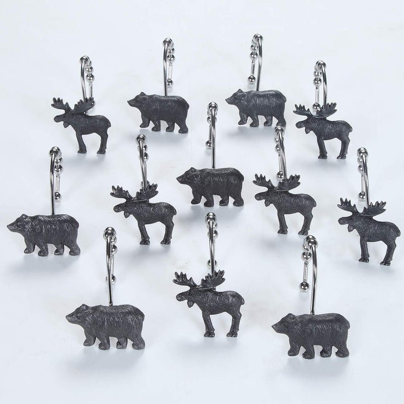 BESTRIPES Shower Curtain Hooks Rings, Rustproof Stainless Steel Black Bear Deer Shower Curtain Hooks for Bathroom Shower Rods Curtains - Set of 12 - Image 2
