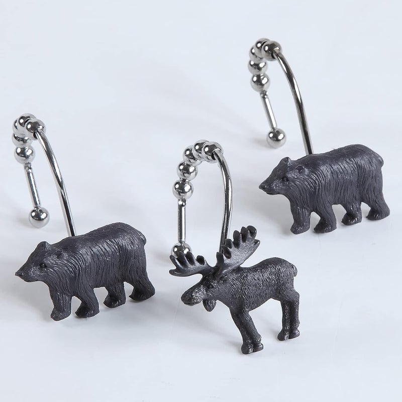 BESTRIPES Shower Curtain Hooks Rings, Rustproof Stainless Steel Black Bear Deer Shower Curtain Hooks for Bathroom Shower Rods Curtains - Set of 12 - Image 1