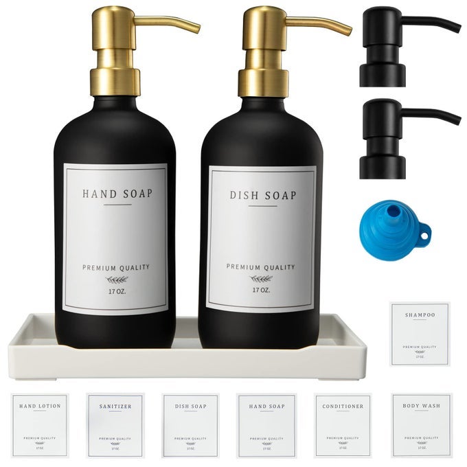 GLASS SOAP DISPENSER FOR KITCHEN SINKFARMHOUSE KITCHEN DISH SOAP DISPENSERHAND SOAP DISPENSER SETRUSTPROOF PUMP SOAP DISPENSER BATHROOM WITH TRAYWATERPROOF LABEL FOR KITCHEN DECORBLACK