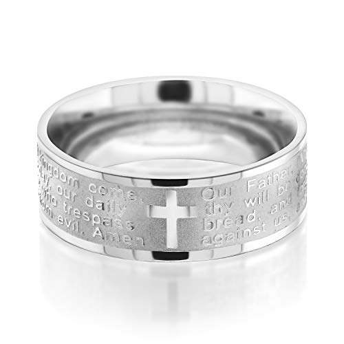 Gem Stone King 8MM Men's Stainless Steel Bible Christian Lord's Prayer Cross Wedding Band Engraved Ring - Image 3