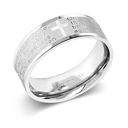 Gem Stone King 8MM Men's Stainless Steel Bible Christian Lord's Prayer Cross Wedding Band Engraved Ring - Image 1